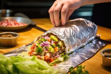 hand wrapping a fresh chalupa in foil - obrazy, fototapety, plakaty