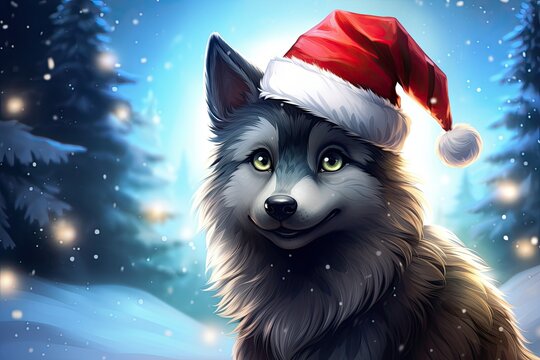 cute wolf with santa hat on magical winter background illustration