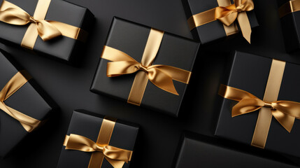 Gift box with golden bow on black background