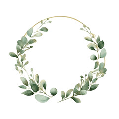 Watercolor green eucalyptus leaves and branches herb on white round frame greeting card decor