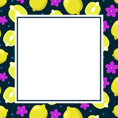 Square post with empty middle, on edges frame with fruits, yellow lemons, flowers, small circles