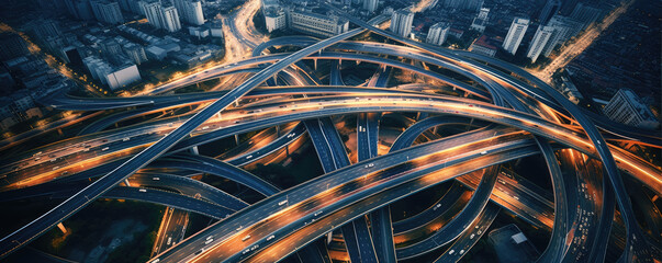 Aerial view of road in big city. Roads bound interchange from top view. - obrazy, fototapety, plakaty