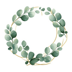 Watercolor green eucalyptus leaves and branches herb on white round frame greeting card decor