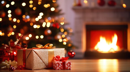 A gift under the Christmas tree in an interior with a fireplace