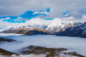 Beautiful Scenery of Snow Mountains and Sea of Clouds on Tibet Plateau, China 