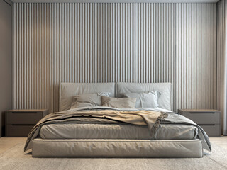 Modern luxury interior of bedroom with cozy bed on empty wooden wall background. 3d rendering.