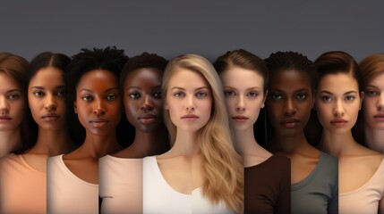 Group of beautiful women with different skin tones in a collage. - obrazy, fototapety, plakaty