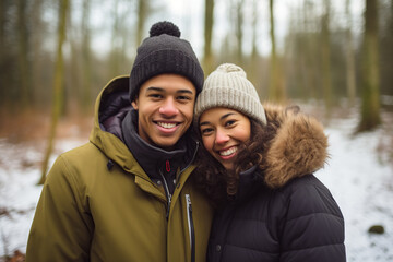 Fototapeta premium Young mixed race couple enjoying outdoors activity in winter forest