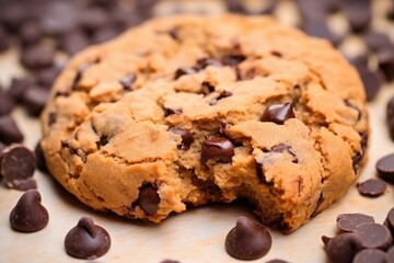 macro shot of a chocolate chip on a biscuit