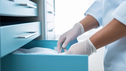 Close-up of a nurse's hands in gloves taking the patient's blood from a drawer