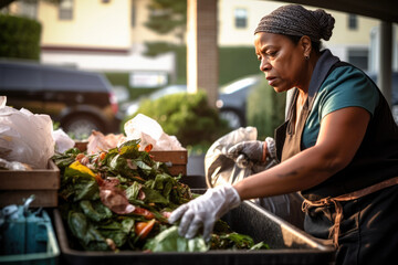 Naklejka na ściany i meble African American middle aged woman street cleaner separates waste in urban environment
