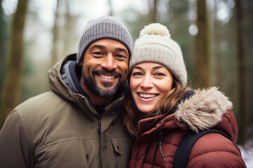 Middle age mixed race couple enjoying outdoors activity in winter woods