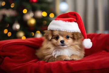 Fototapeta na wymiar Christmas baby puppy dog in red Santa hat
