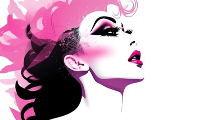 Beautiful woman face with pink paint splashes. illustration.