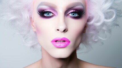 Fashion portrait of beautiful woman with pink lips and white hair.