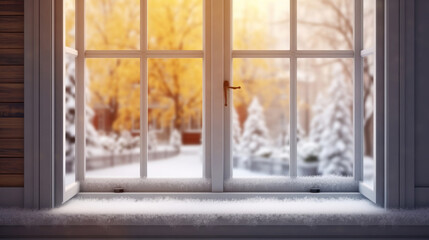 Window from inside with falling snowflakes and a Christmas bokeh background