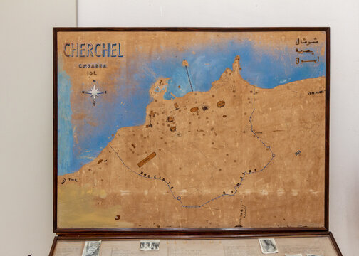 Cherchell, Algeria, 10 23 2023 : old map of the Roman site of Cherchel, Algeria, called Caesarea. On display in the National Public Museum of Cherchell.