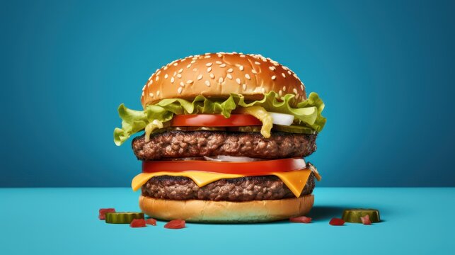 Big tasty hamburger on blue background. 3d rendering illustration.