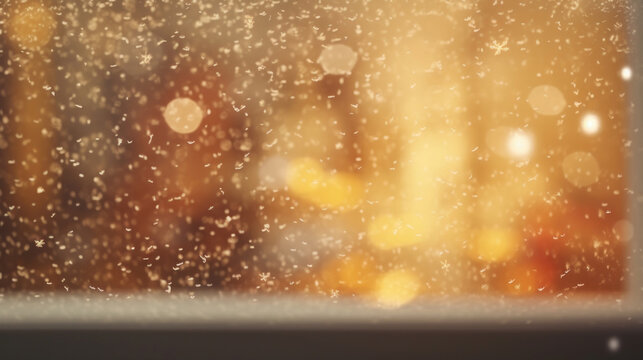 Window from inside with falling snowflakes and a Christmas bokeh background © tashechka