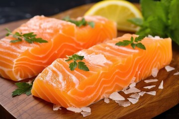 zested citrus rind on marinated salmon fillets