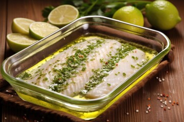 white fish fillet with lime and herb marinade in pan