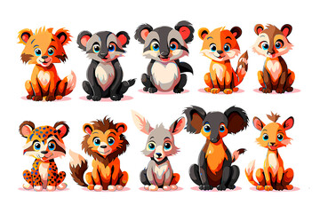 Colorful set of little cartoon animals characters clipart bundle. Baby animals icons set isolated on white background. Cartoon character design. Color vector illustration of wild animal world.