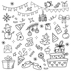 Big set off the Christmas, winter and new year doodle elements. Christmas trees, skates, Christmas boot, sweets, gift boxes, snowflakes. Winter holidays attributes. Line art. Christmas illustration. - obrazy, fototapety, plakaty