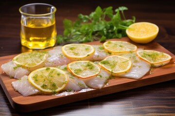 fish fillet marinated in citrus juices on a chopping board