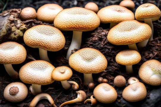 mushrooms on a black background, Lentinula edodes mushrooms, 