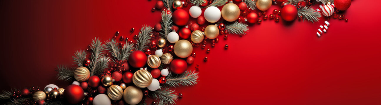 Christmas background with tree branches and Xmas baubles on red surface. Merry christmas card. Happy New Year. Generative Ai