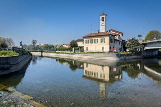 Naviglio Bereguardo and Naviglio Grande canals converge in Abbiategrasso, Lombardy, Italy