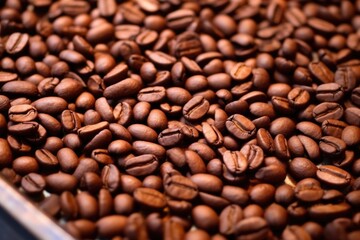Fototapeta premium detailed texture of roasted coffee beans in a tray
