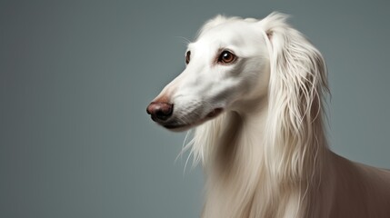 Portrait of a white borzoi dog on grey background