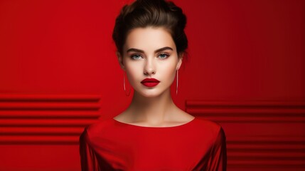Beautiful young woman with evening make-up and red lips. Red background.