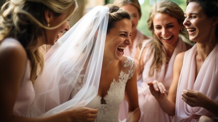 Happy bride and her bridesmaids laughing and dancing together. - Powered by Adobe