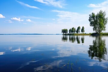 landscape view of a quiet lake, indicating a peaceful environment
