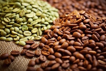 contrasting view of green and roasted coffee beans