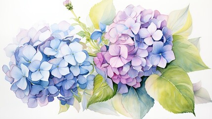 Blue Hydrangea (Hydrangea macrophylla) or Hortensia flower with dew in slight color variations ranging from blue to purple - obrazy, fototapety, plakaty