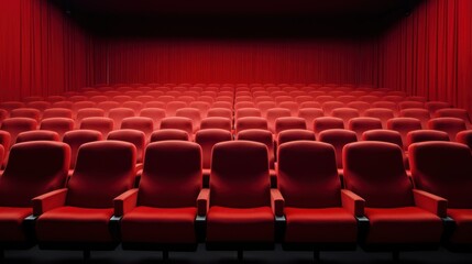 Movie or theater auditorium with red seats and curtains. 3d rendering