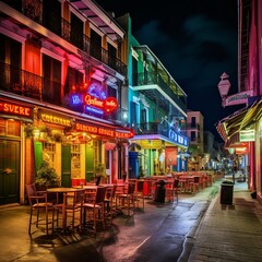 illustration of Pubs and bars with neon lights in the French, Generative ai
