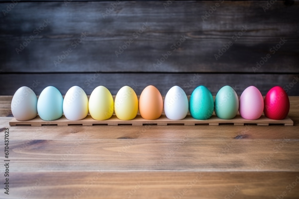 Canvas Prints colored easter eggs lined up on a wooden table