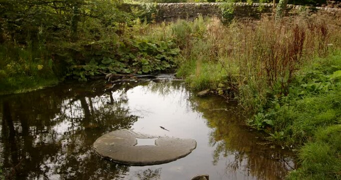 mid shot of disused water mill stone on the river dove with Viator's Bridge in the back ground, Milldale
