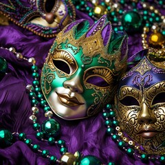 illustration of Purple Gold and Green Mardi Gras beads and masks, Generative ai