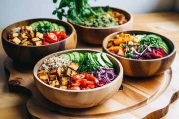 vegan meal prepped in wooden bowls - obrazy, fototapety, plakaty