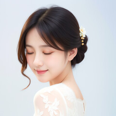 目を閉じた女性、女性の横顔、アップしたヘアスタイル