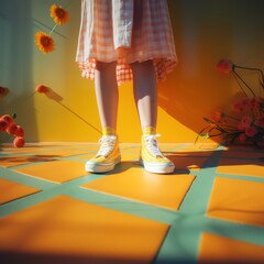 Little girl in a checkered dress and sneakers stands near the wall with flowers