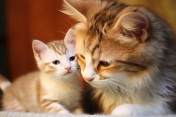 Naklejka na ściany i meble an adult cat grooming a kitten