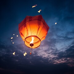 illustration of Red sky lantern flying against a blue sky with the, Generative ai