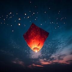 Naklejka premium illustration of Red sky lantern flying against a blue sky with the, Generative ai