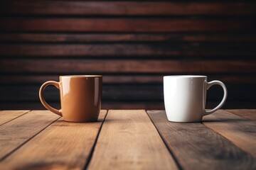 two coffee cups close together on a wooden table